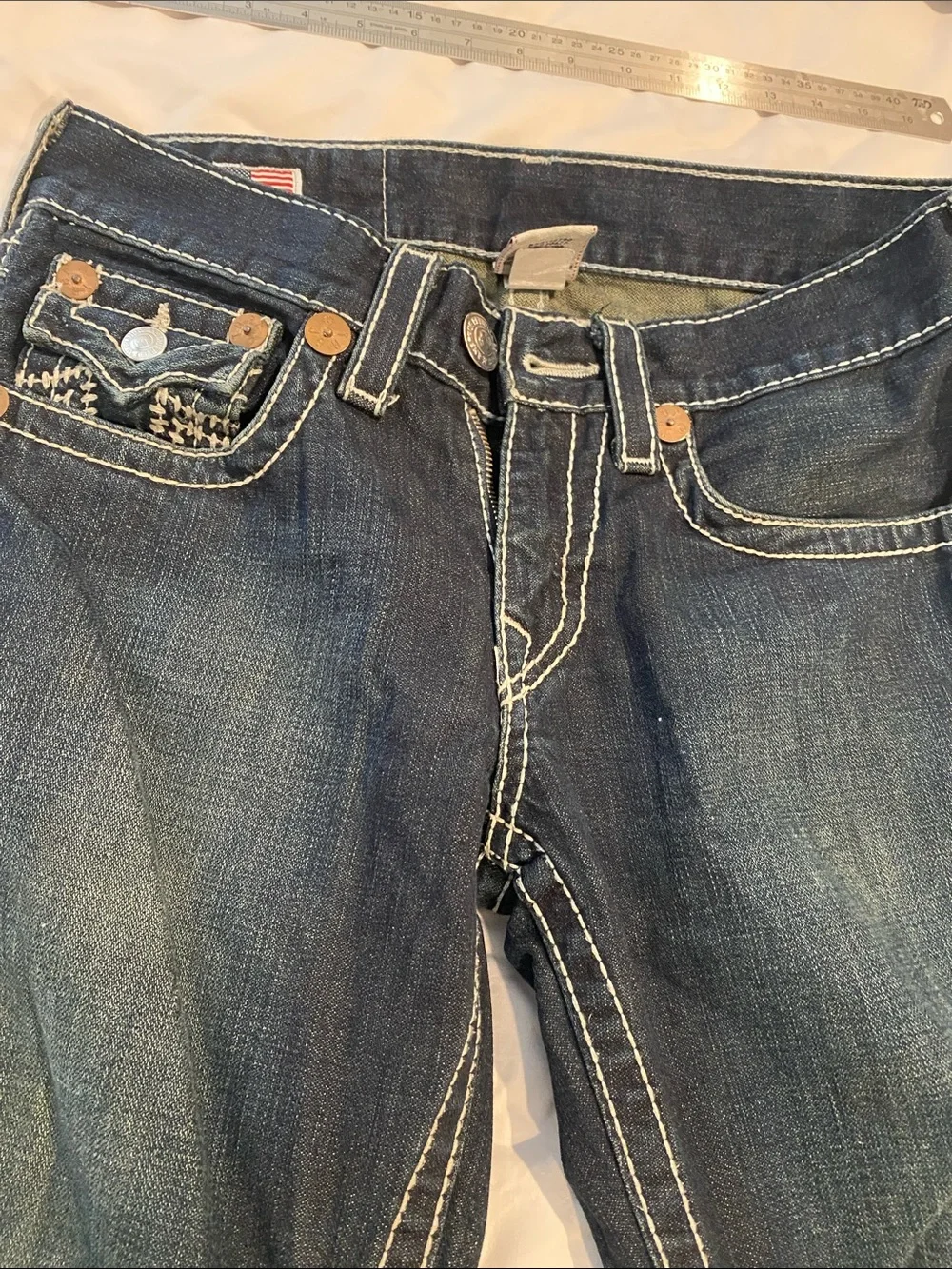 True Religion mens Indigo Flare Jeans with Signature Embroidered Pockets 30 32
